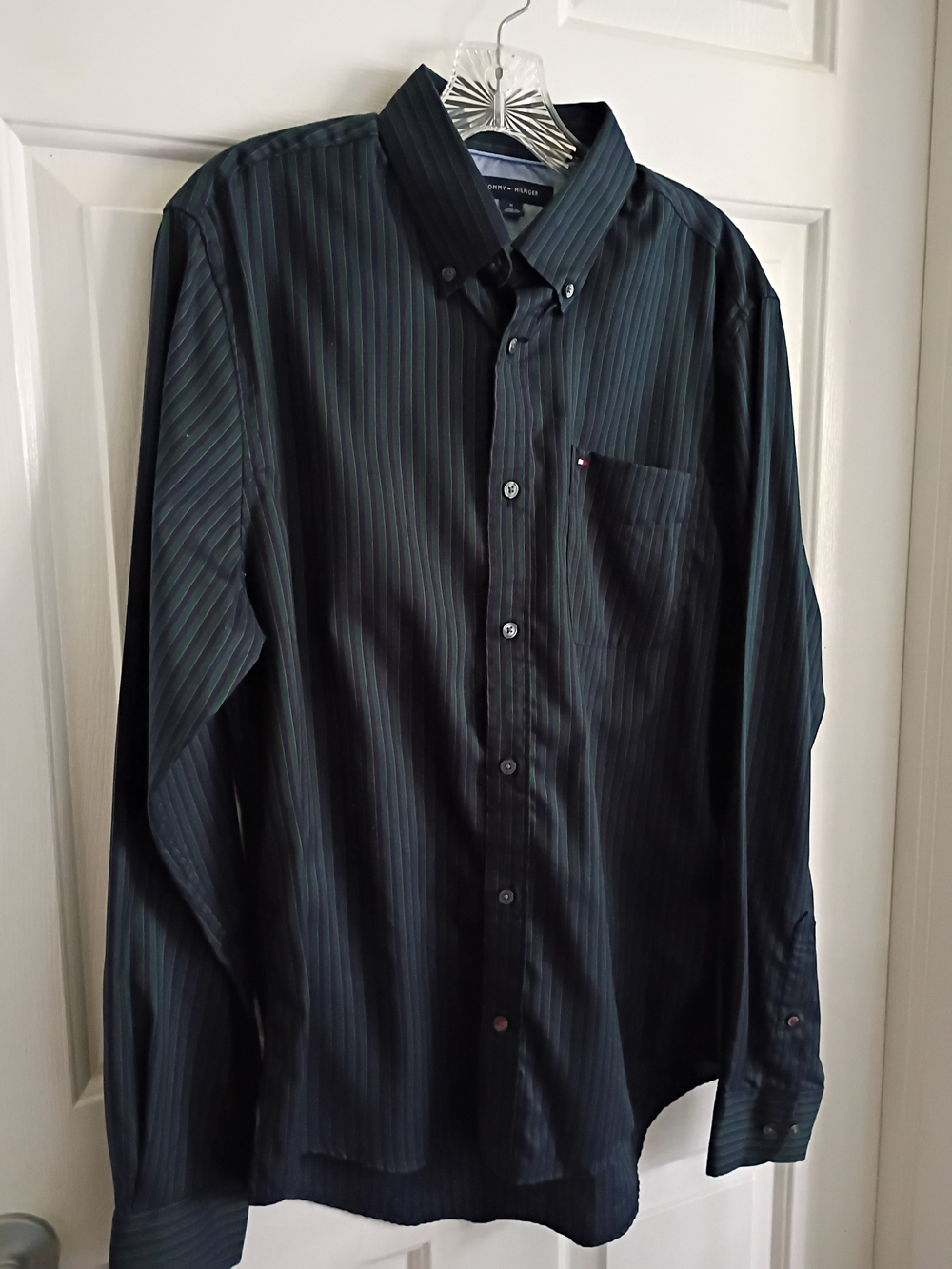 Tommy Hilfiger Men's Black Pinstripe Button-Down Shirt with Subtle Green Stripes